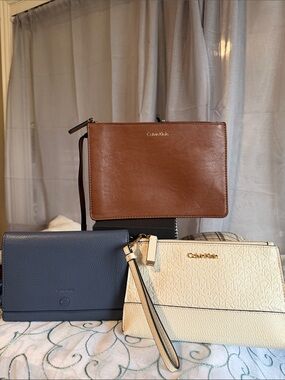 Calvin Klein Tan Brown Leather Wristlet and Cream Wristlet! THREEFER!